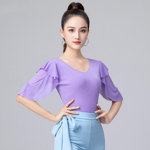 Modern dance tops for women new Latin dance ruffled mid-sleeve ballroom dance tops practice clothes one-piece dance clothes