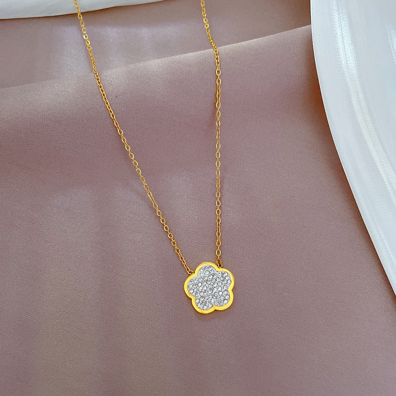 Collier fleur en or véritable avec cristaux pour femme_voghion.com