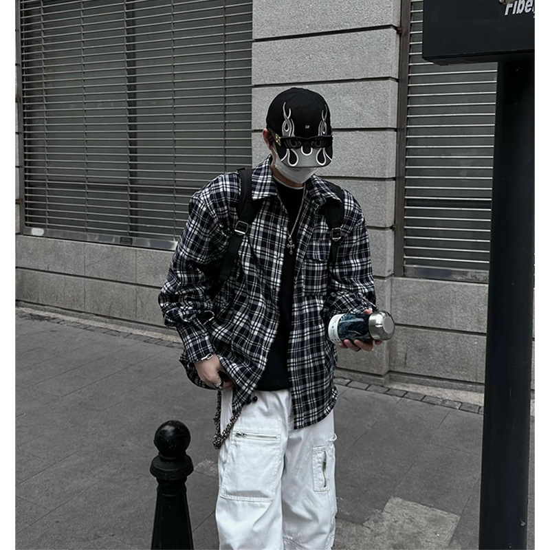 American-style Retro Plaid Shirt Coat Trendy Brand Yipi Shuai Fried Street Men's cleanfit Black and White Plaid Long-sleeved Shirt