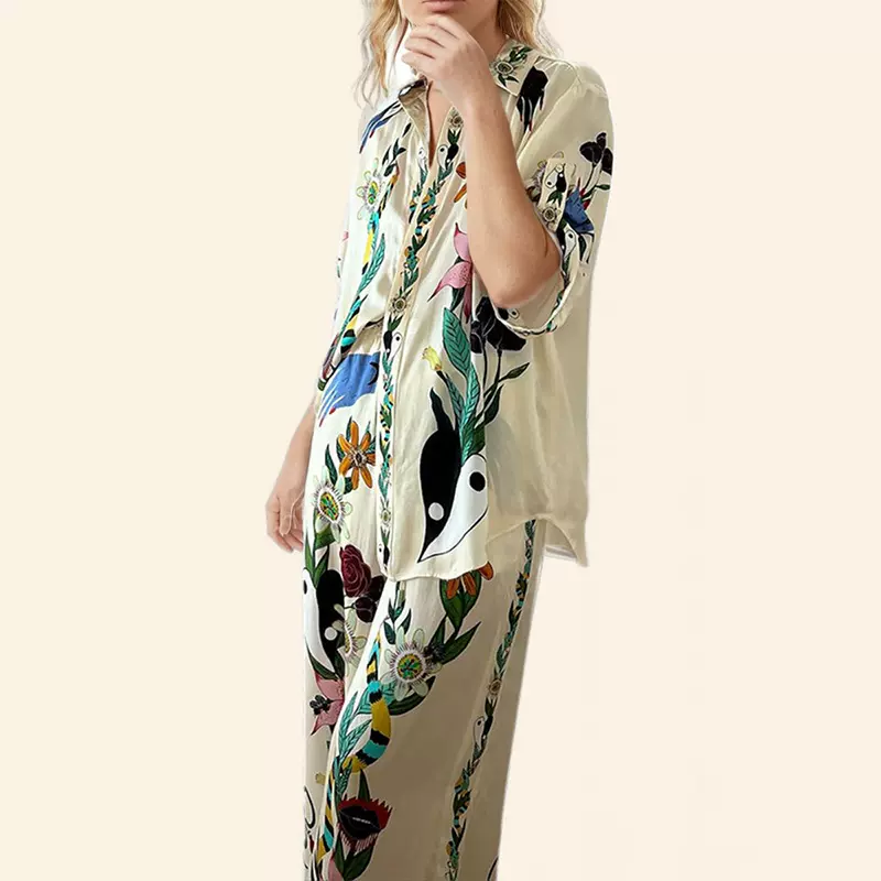 独立站欧美女装2025夏季印花松紧腰口袋阔腿裤两件套休闲时尚套装