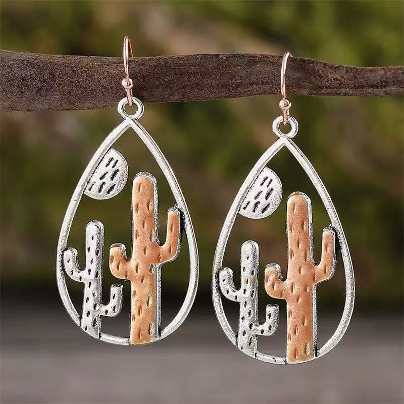 Yingshang Cross-Border Retro Two-Color Desert Cactus Drop-Shaped Pendant Earrings for Women Fashion Western Style Hollow Earrings