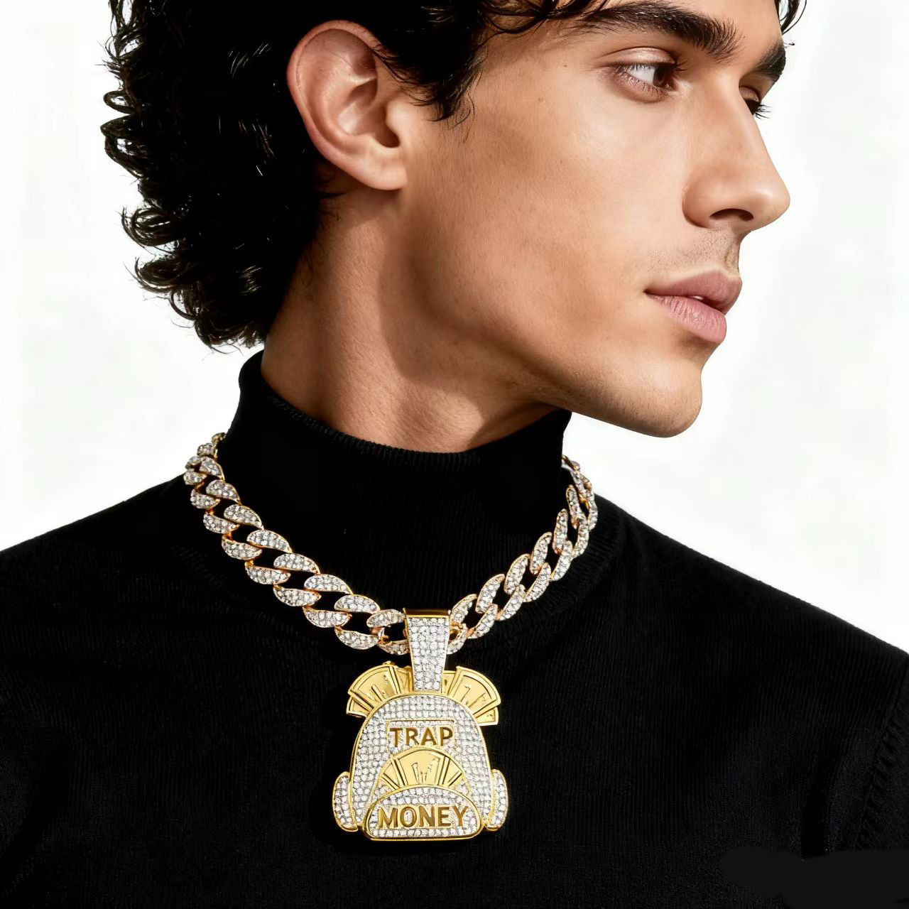 Marca de moda con diamantes letras MONEY bolsas de dinero colgante collar hombre europeo y americano hip hop collar de cadena cubano personalizado al por mayor