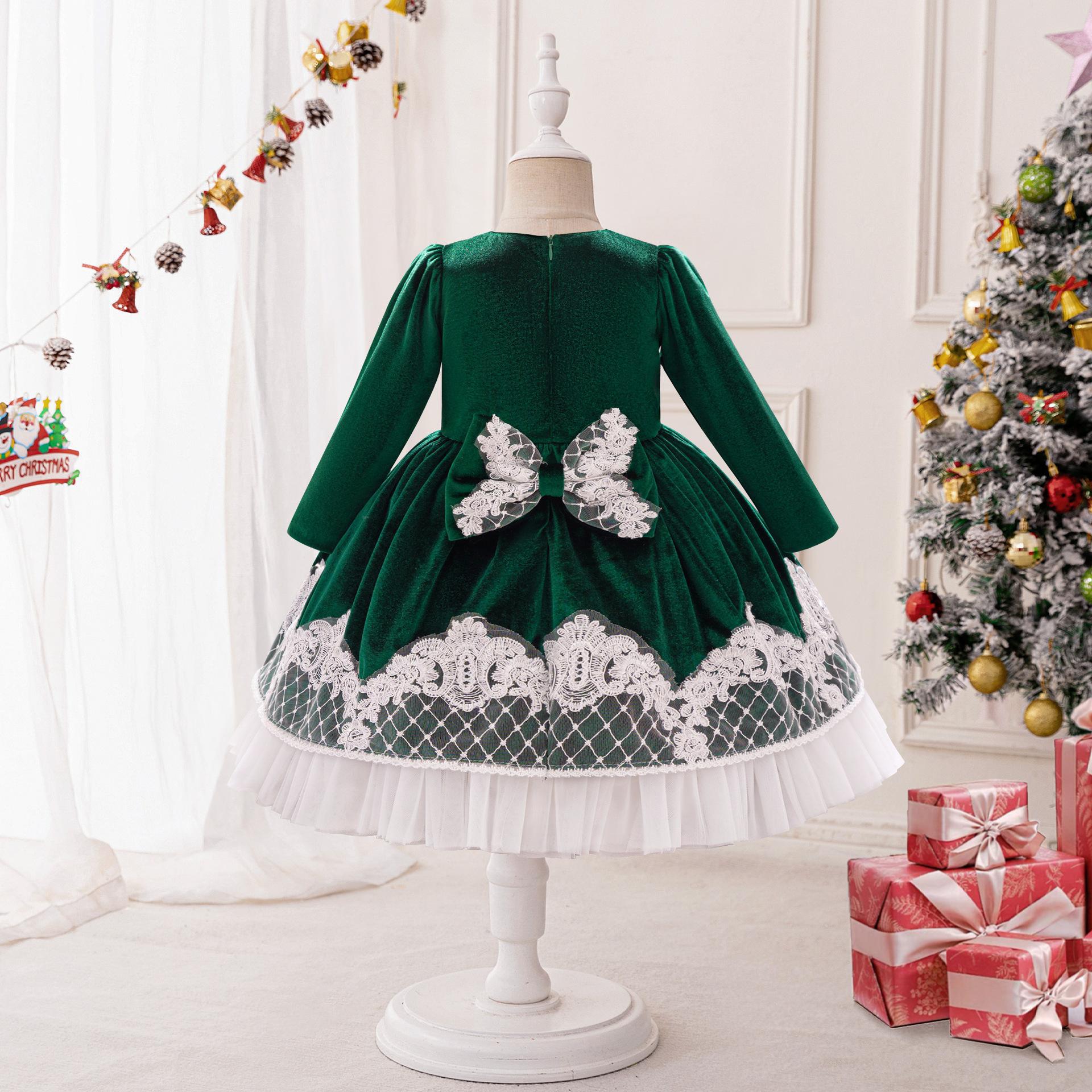 Navidad nuevo vestido de niña vestido de mangas largas vestido de princesa de encaje cascada vestido de regalo vestido de Navidad