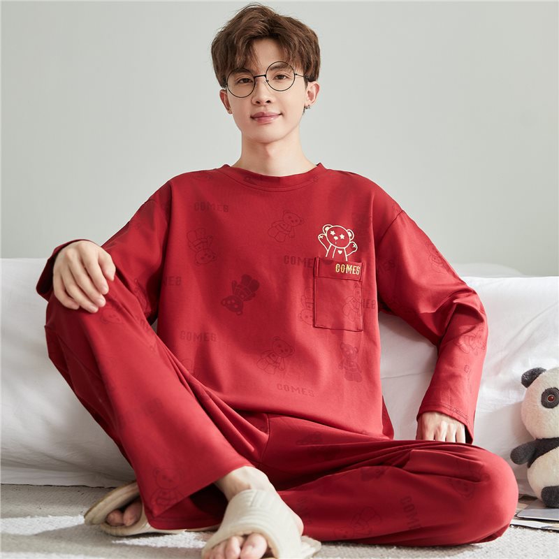 Spring and Autum Pure Cotton Pajamas Men's Long-Sleeved Cartoon Thin Youth Large Size Red Festive Men's Home Wear Set