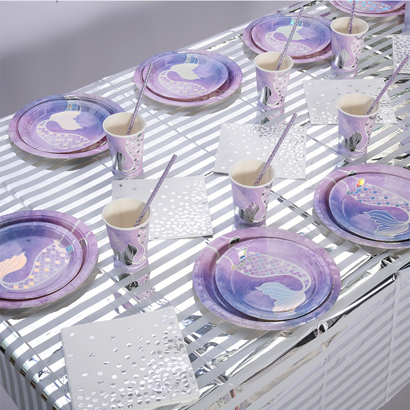 Birthday Party Disposable Tableware Set Picnic Creative Mermaid Paper Cup Round Fishtail Paper Tray Wholesale Birthday Party Disposable Tableware Set Picnic Creative Mermaid Paper Cup Round Fishtail Paper Tray Wholesale