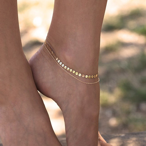 波西米亚新品时尚女士脚踝金银色饰品厂家直供 双层链条亮片脚链