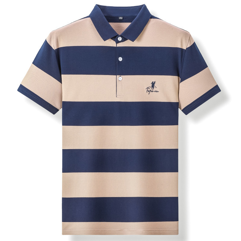 Mingdi Mouse 2024 Sommer Neues gestreiftes Kurzarm-T-Shirt mit Business-Kragen aus reiner Baumwolle, großes Herren-Poloshirt_voghion.com