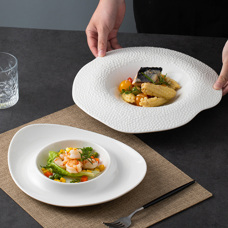 Cross-border White Special-shaped Ceramic Western Food Plate Light Luxury High-grade Deep Soup Plate Household Dish Hotel Tableware