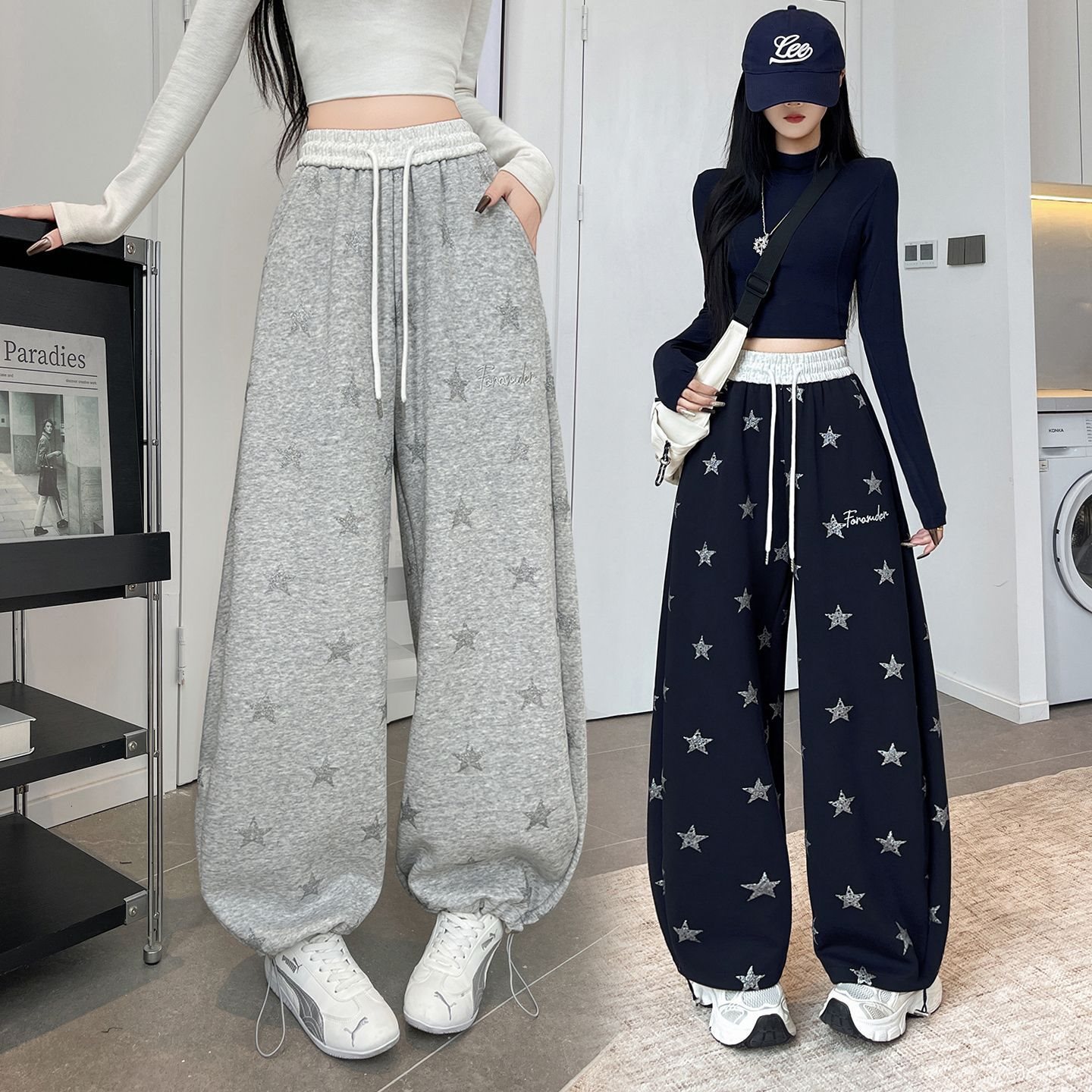 美式星星印花休闲卫裤女2026秋冬新款拼接高腰遮跨显瘦运动休闲裤