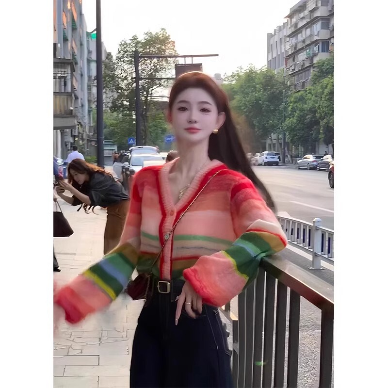 Gradient Contrast Color Rainbow Stripe V-neck Knitted Cardigan Women's 2024 Autumn Korean Style Age-reducing Loose Slim Sweater Trendy