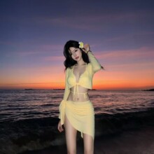 2025新款分体游泳衣女甜美可爱少女长袖四件套比基尼Bikini度假