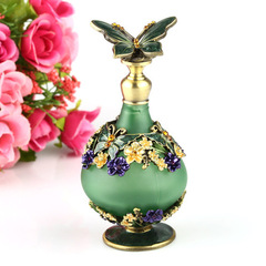 Retro Hand-painted Scented Oil Bottle with Empty Glass Bottle, Dubai Enamel Color Perfume Bottle with Metal and Glass Peacock Butterfly Design