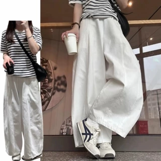 白色弯刀阔腿裤女夏薄款2026新款高腰直筒气球裤小个子宽松九分裤