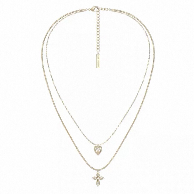 Three-Fold Jewelry Similar to the "Lace Shimmer" Love Heart Cross Necklace for Women, Double-Layer Clavicle Chain, Light Luxury Style for Women