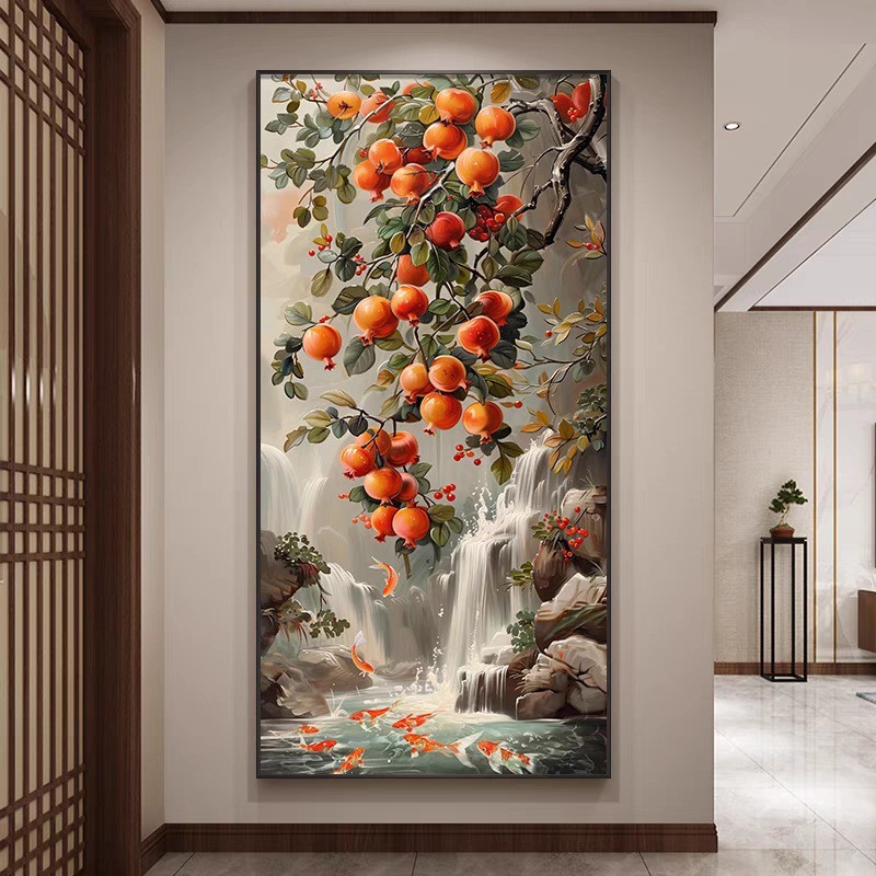 新中式石榴玄関装飾画、廊下掛け絵、玄関壁画、良い意味を持つ九魚図、中国風、国潮風|undefined