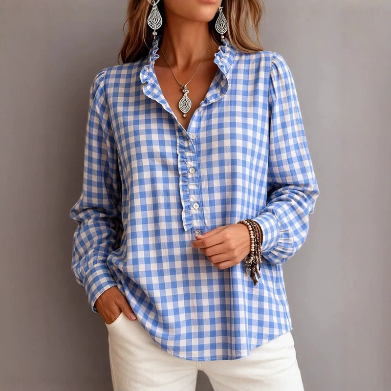 2026 Autumn New Cross-Border Plaid Shirt for Women, Long-Sleeved Loose Casual Style Ruffled Lapel Button-Up Top for Women 2026 Autumn New Cross-Border Plaid Shirt for Women, Long-Sleeved Loose Casual Style Ruffled Lapel Button-Up Top for Women