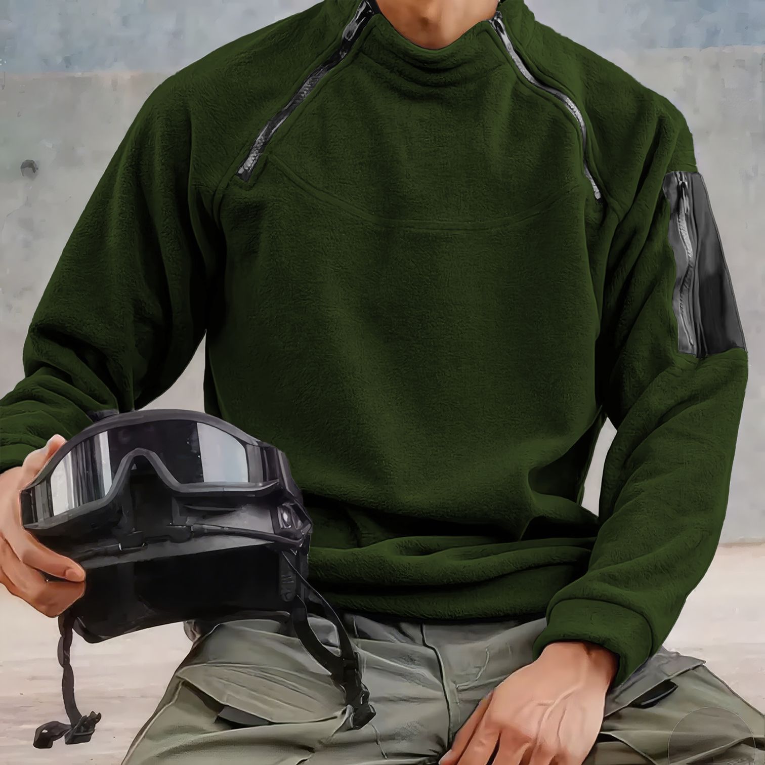 Men's Winter Stand Collar Fleece-Lined Thickened Hoodie Double Zipper Design Trendy Workwear Sweatshirt_voghion.com