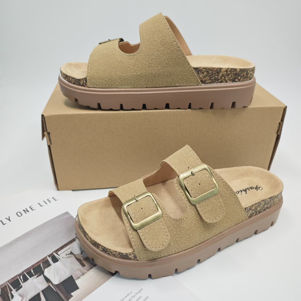 Birkenstock Sandals for Women, Heightening and Wear-Resistant 2025 Spring, Summer and Autumn Frosted Imitation Cowhide Thick-Soled One-Word Buckle Beach Shoes for Women