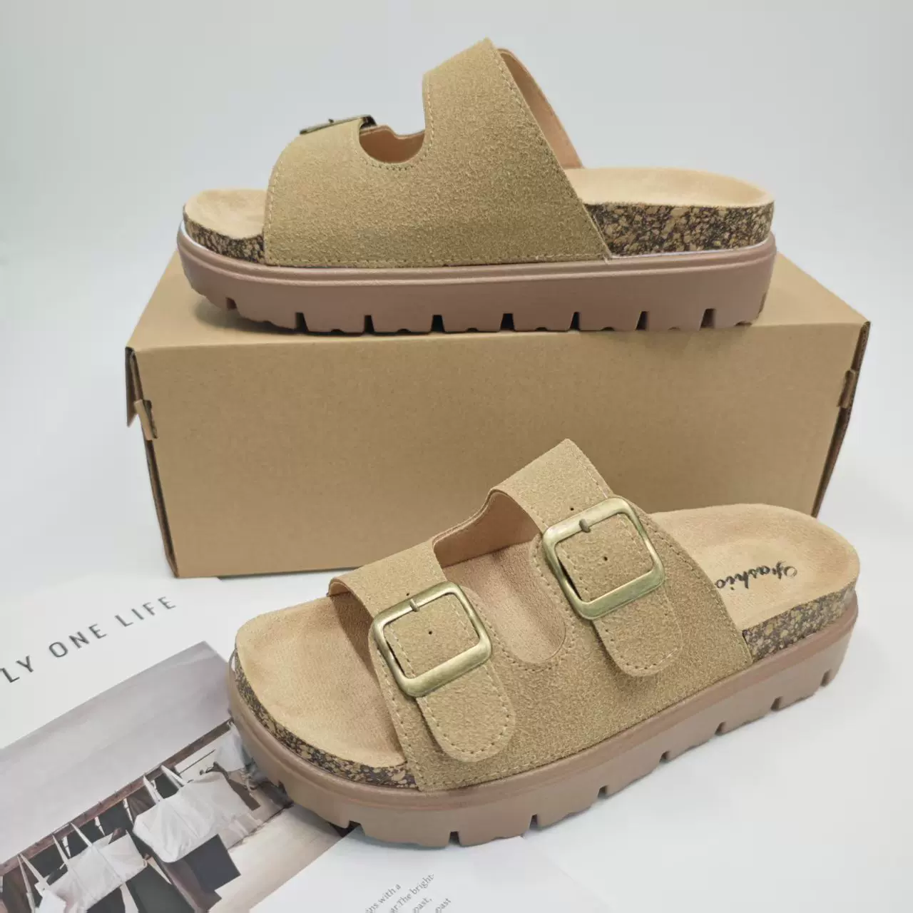 勃肯凉拖鞋女增高耐磨2025春夏秋磨砂仿牛皮厚底一字带扣沙滩鞋女