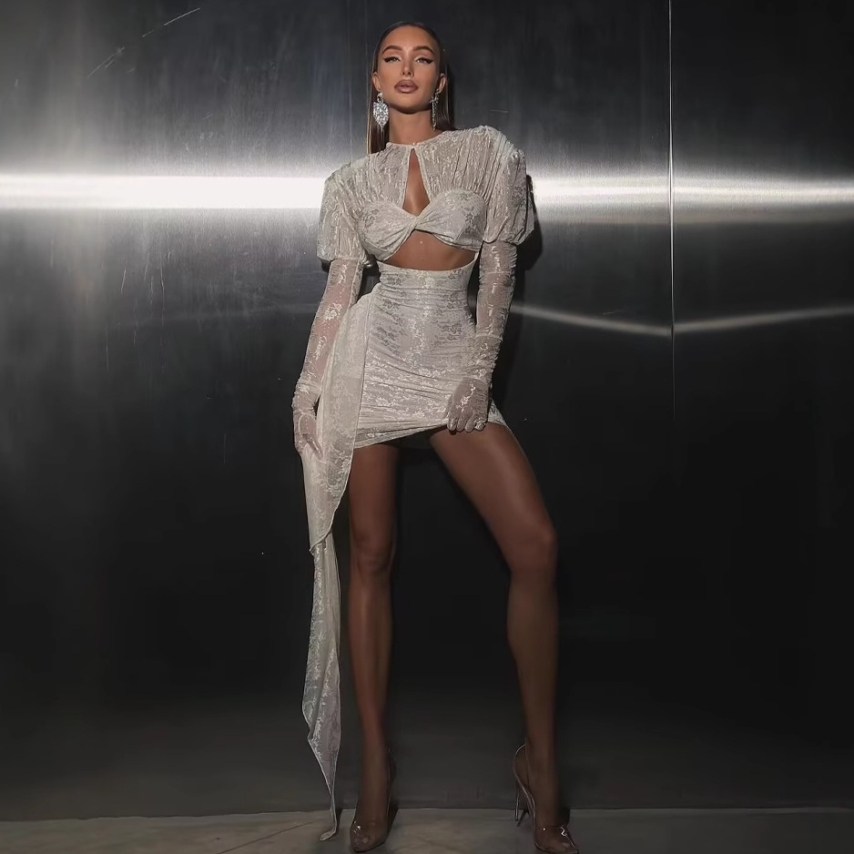 Cross-border fashionable mittens princess sleeve sexy hollow lace miniskirt fashion hot party dinner dress