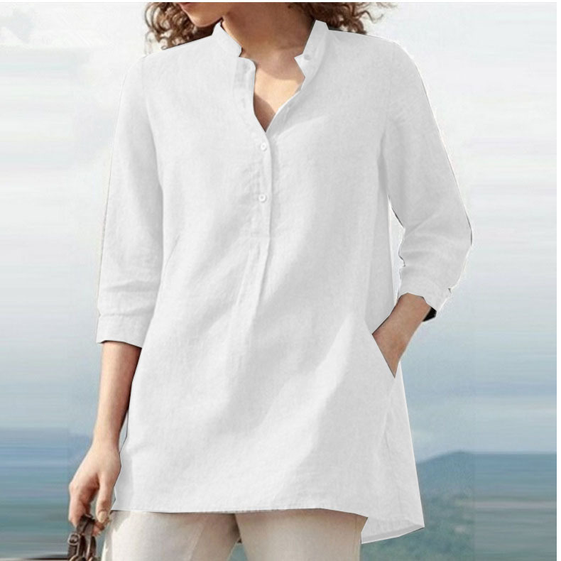 Blouse Tops Type Street Occasion Standing Collar Neckline Wholesale Women'S Vintage Style Solid Color 3/4 Length Sleeve Patchwork Blouses