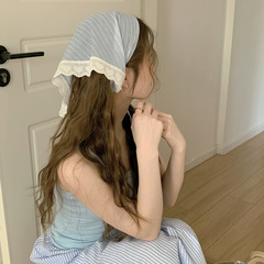Japanese striped plaid lace triangle scarf headscarf girls high-end breathable headband pastoral style 2024 new product