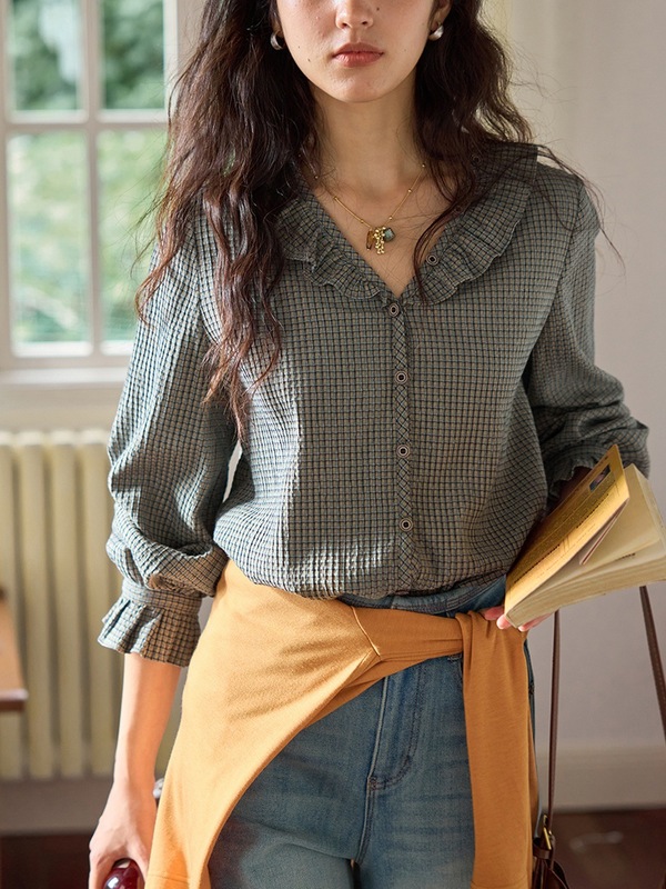 【9/8 零点新品】solighte 法式复古V领荷叶边格子衬衫女秋季|undefined