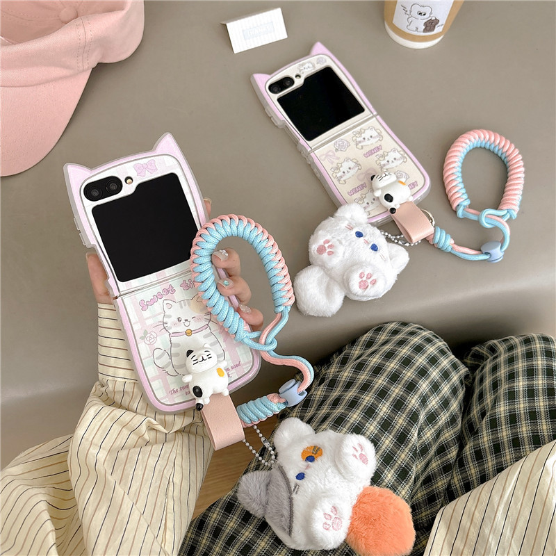 Cartoon Cat for Galaxy Z Flip6/4 Hanging Chain 5 Samsung Phone Case Cat Ear Folding 3 Protective Cover Soft Cartoon Cat for Galaxy Z Flip6/4 Hanging Chain 5 Samsung Phone Case Cat Ear Folding 3 Protective Cover Soft