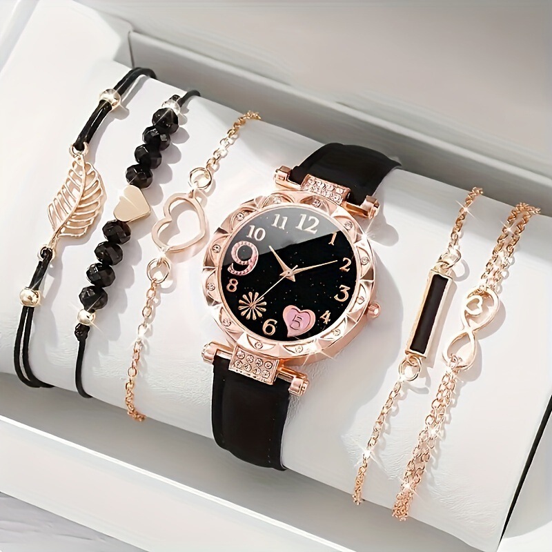 Popular Foreign Trade Item: Women's Diamond-Encrusted English-Style Watch Set, Fashionable and Versatile Student Leather Belt Bracelet 6-Piece Set