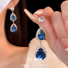 银针镶钻蓝色水滴耳环 法式时尚气质耳钉 轻奢高级感耳饰女款批发