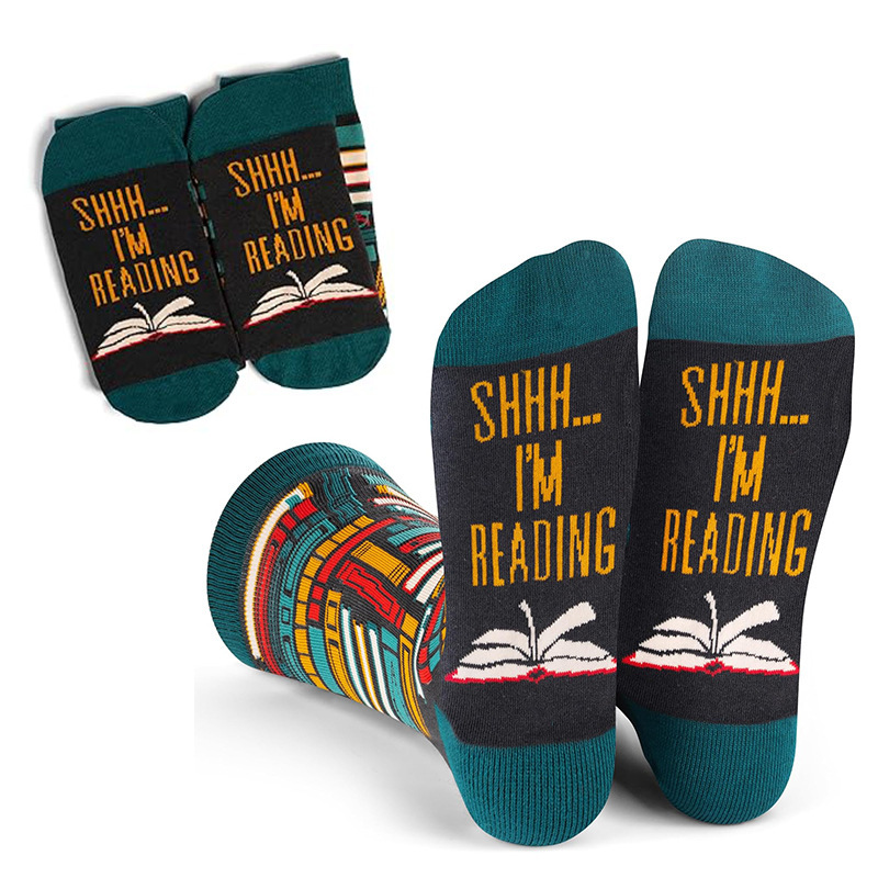 Cross-Border Amazon Novelty Socks New Style Book Reading Color-Blocking Design Cotton Socks with Letter Print on the Sole Mid-Calf Socks Cross-Border Amazon Novelty Socks New Style Book Reading Color-Blocking Design Cotton Socks with Letter Print on the Sole Mid-Calf Socks