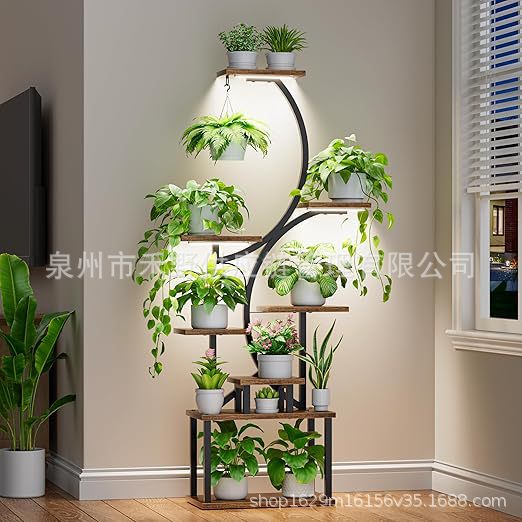 跨境室内花架带花盆植物灯落地式置物架批发拼接花架子多层铁木