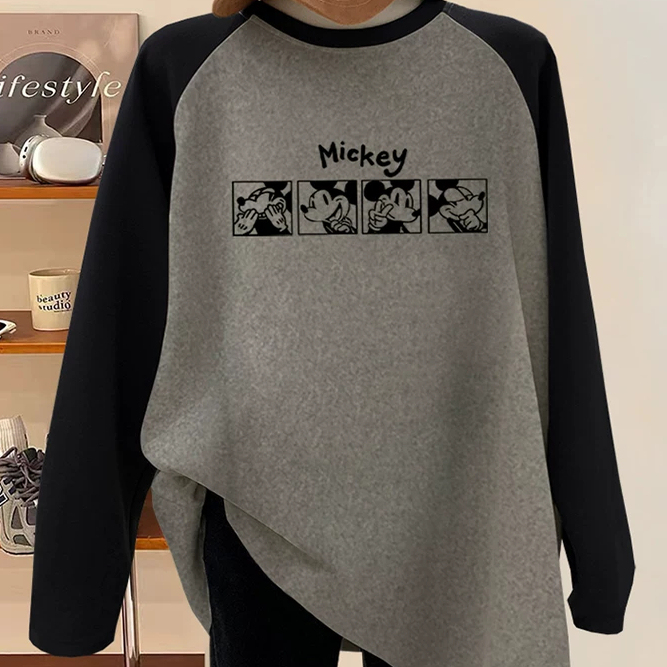 Derong Matching Shark Pants Color-Block Long-Sleeve T-Shirt Women's Mid-Length Loose Casual Base Shirt for Spring, Autumn, and Winter