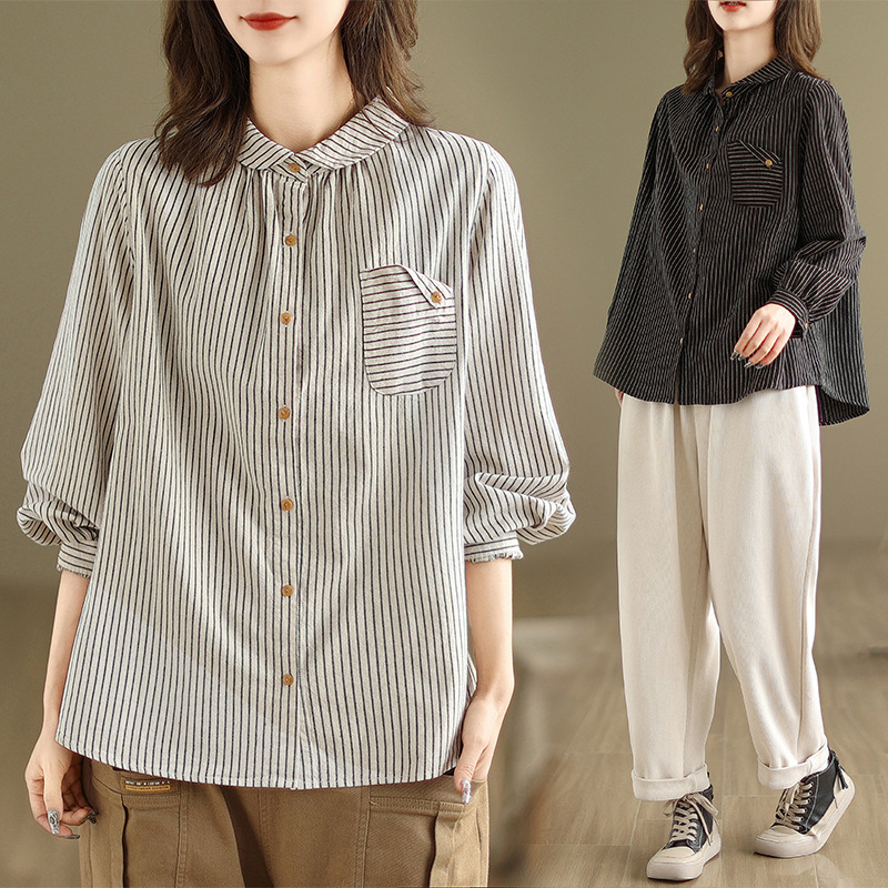 Artistic Cotton and Linen Striped Long-Sleeve Shirt for Women, Loose Fit, 2026 Autumn New Style, Plus-Size Top, Loose and Slimming Shirt for Women Artistic Cotton and Linen Striped Long-Sleeve Shirt for Women, Loose Fit, 2026 Autumn New Style, Plus-Size Top, Loose and Slimming Shirt for Women