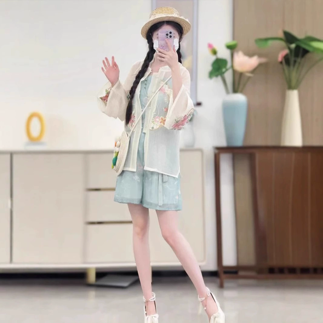 Оригинальный женский костюм династии Хань, новинка 2025 года, рубашка с круглым вырезом, шорты, национальный стиль, повседневный милый летний повседневный костюм для девочек