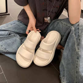 云朵泡泡~小软皮双带面包休闲厚底踩屎感增高拖鞋女夏外穿