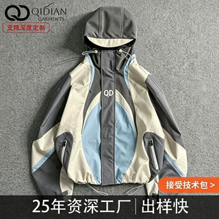 工厂定制欧美拼接连帽短款冲锋衣夹克男士网布机能风外套潮流上衣