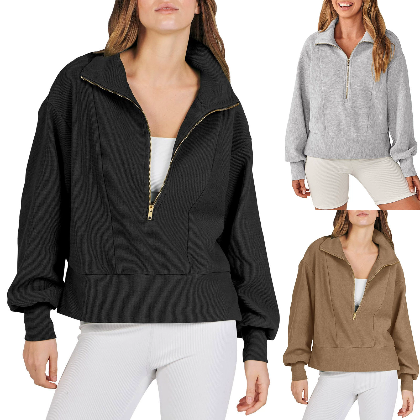 Европейская и американская трансграничная женская одежда 2023 осень и зима новый Amazon Полу-молния куртка с длинными рукавами