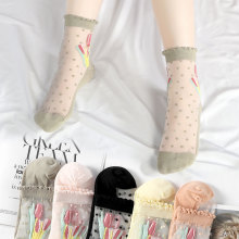 春夏袜子女中筒袜防勾丝波点透明水晶丝袜防滑棉底玻璃丝袜薄批发