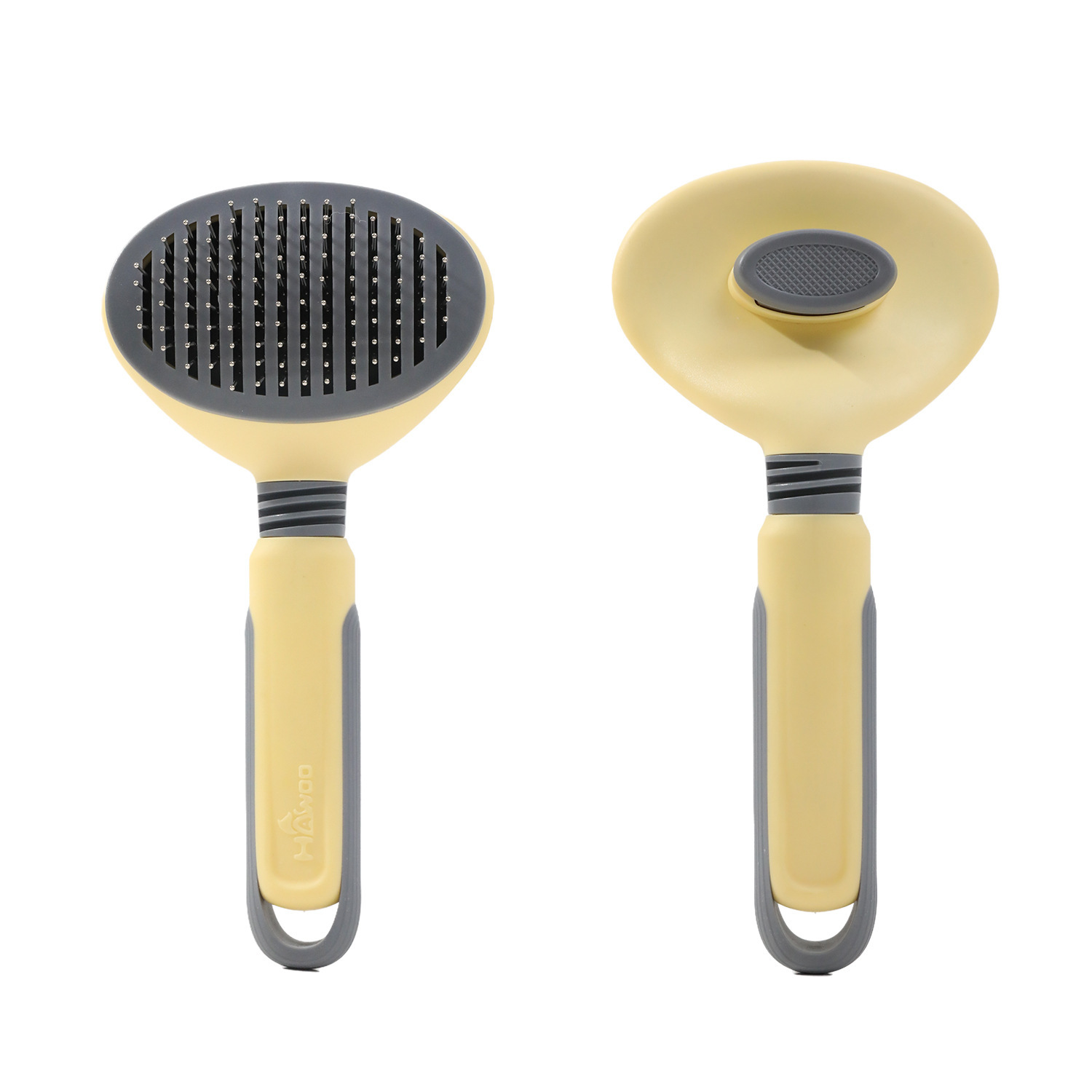 Hawo peine de autolimpieza para mascotas al por mayor peine de masaje universal para gatos y perros redondo mango suave cepillo de aguja de acero autolimpiante peine de depilación