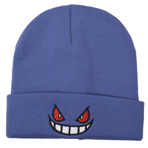 Euro-American Cartoon Big-Mouth Red-Eye Embroidered Knitted Beanie, Warm-Keeping Pullover Hat for Autumn and Winter, Woolen Knit Cap
