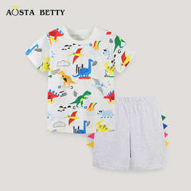 欧美风格童装短袖套装夏季新款男童短袖T恤套装卡通印花一件代发