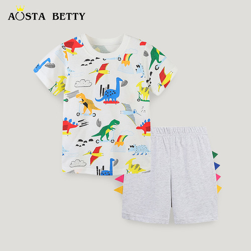 European and American Style Children's Summer Short Sleeve Outfit New Boys' Short Sleeve T-Shirt Set Cartoon Print One-Time Delivery