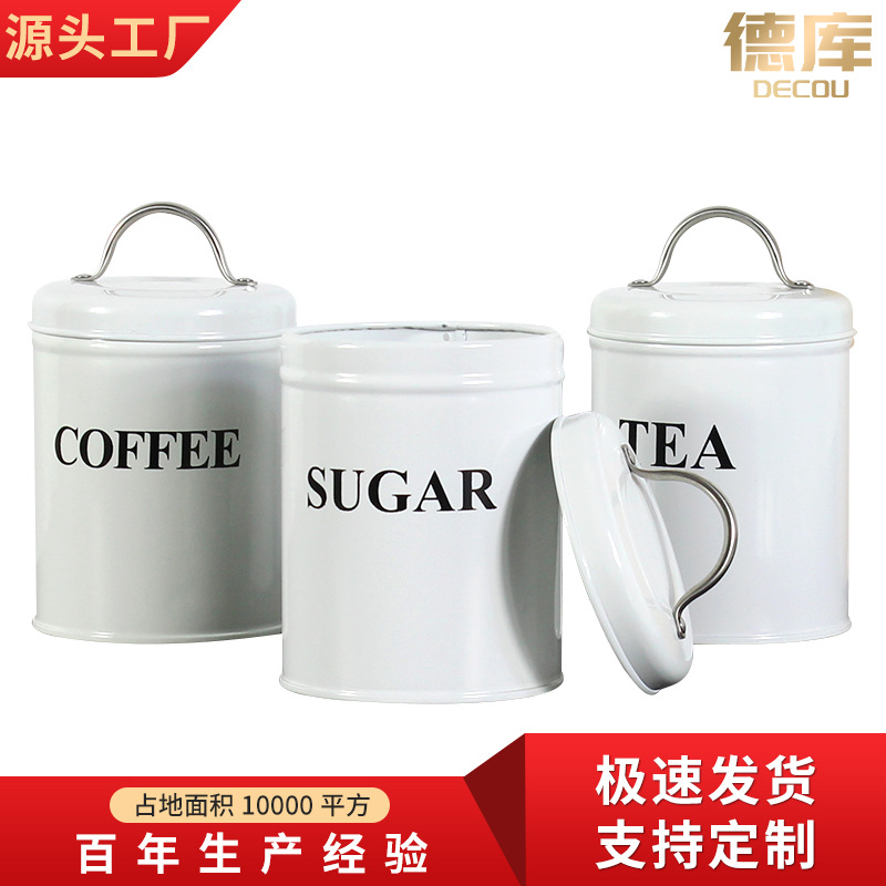 Industrial viento hierro arte metal europeo y americano juego de tres piezas café té caramelo tanque redondo de almacenamiento sellado a prueba de humedad