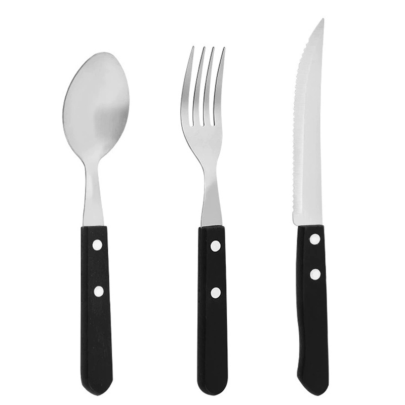 Set de tres piezas con mango de madera negro (cuchara grande + cuchillo de filete + tenedor)