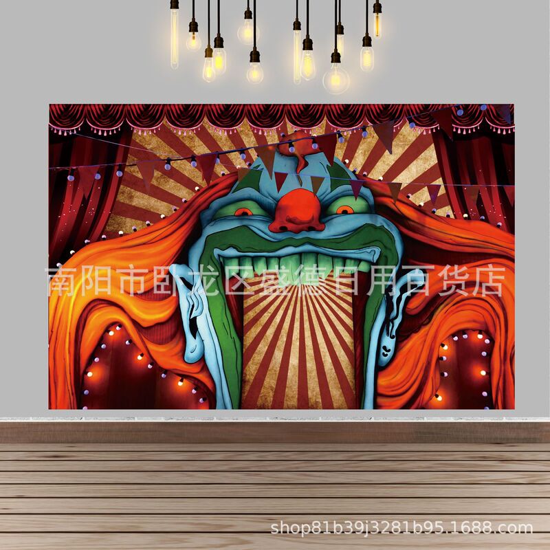 Cross-border scary clown horror circus photo background striped curtain Carnival Halloween banner background cloth Cross-border scary clown horror circus photo background striped curtain Carnival Halloween banner background cloth