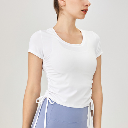 Summer New Arrival: High-End Lycra Short-Sleeve Quick-Dry T-Shirt with Dual Side Drawstrings – Breathable Sporty Casual Top for Women’s Yoga Wear