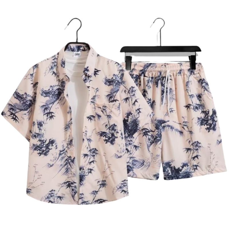 Bamboo Retro Chinese Style Full-Print Shirt Short-Sleeved Suit for Men and Women, Couple Beach Hawaiian Casual Wear Bamboo Retro Chinese Style Full-Print Shirt Short-Sleeved Suit for Men and Women, Couple Beach Hawaiian Casual Wear