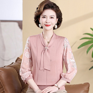 Mom's Spring and Summer Fashion T-shirt Shirt Middle-aged People's Color Shirt with Shirt Sleeve Top Middle-aged and Elderly Women's Seven-point Sleeve Knitted Sweater