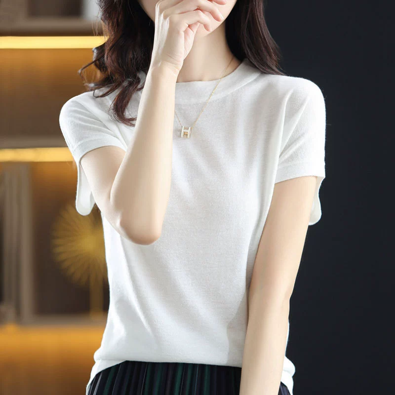 2024 весна и лето новая трикотажная футболка с короткими рукавами женская шикарная темпераментная рубашка свободная рубашка блестящие и дышащие короткие рукава